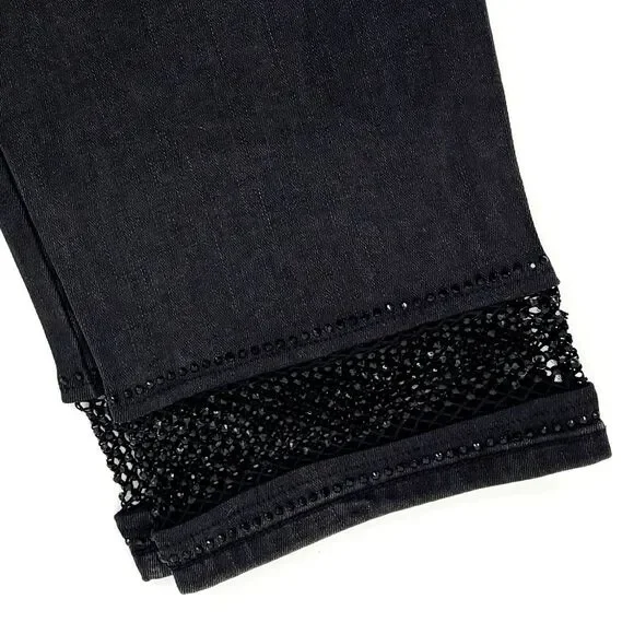Joseph Ribkoff Women 22 Charcoal Grey Embellished FishNet Cuff Classic Slim Jean - Picture 14 of 15